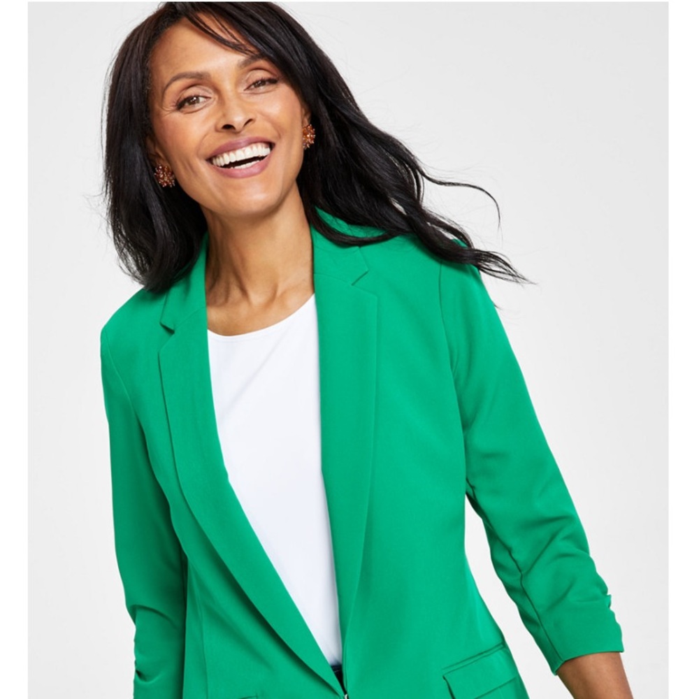 🍀Lucky Kelly Green 3/4 Ruched Sleeve Blazer Jacket Woman’s XL - Picture 2 of 5